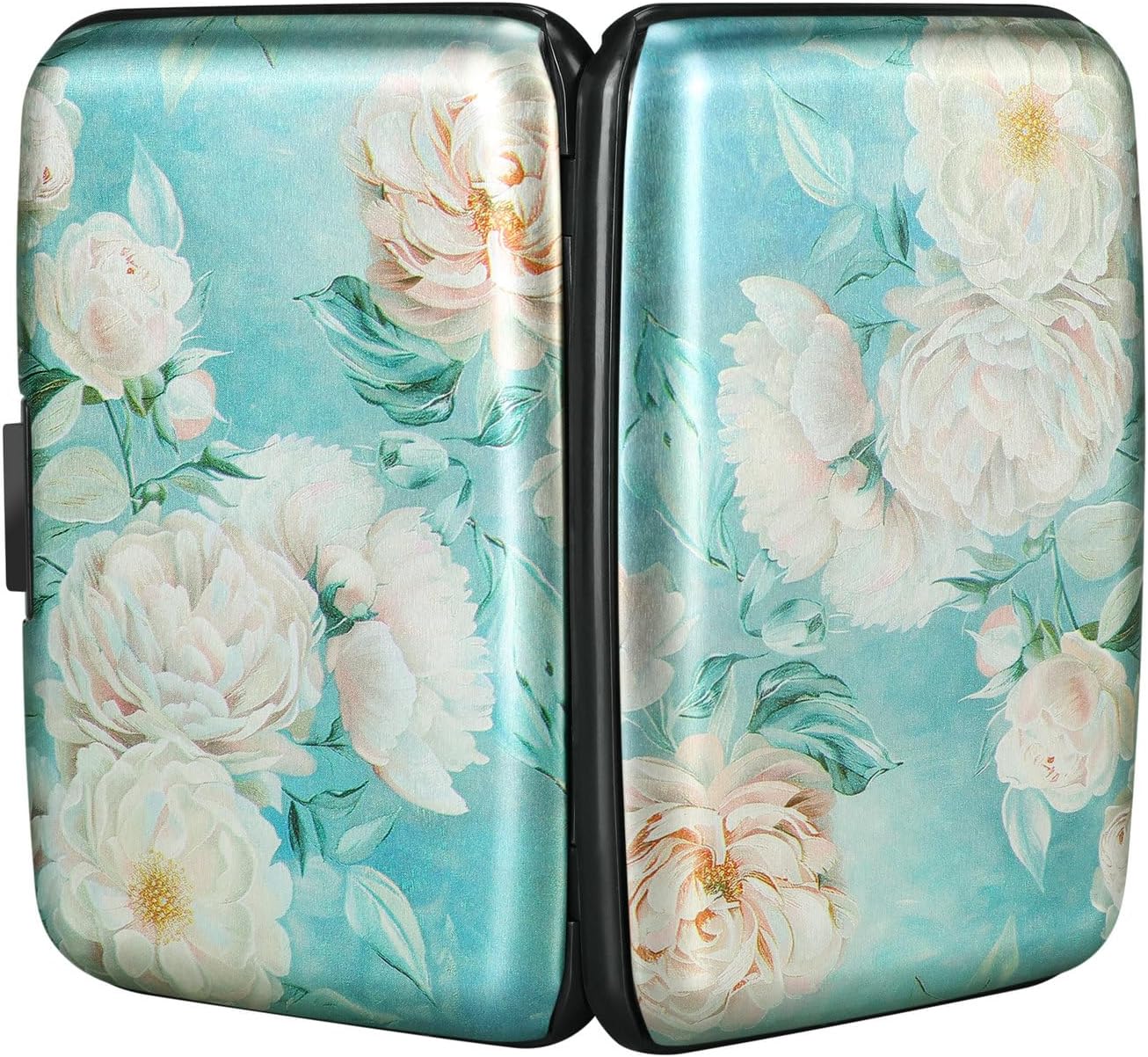 ELFISH Mini RFID Aluminum Wallet Credit Cards Holder Business Card Case Metal ID Case for Men Women(White peony)