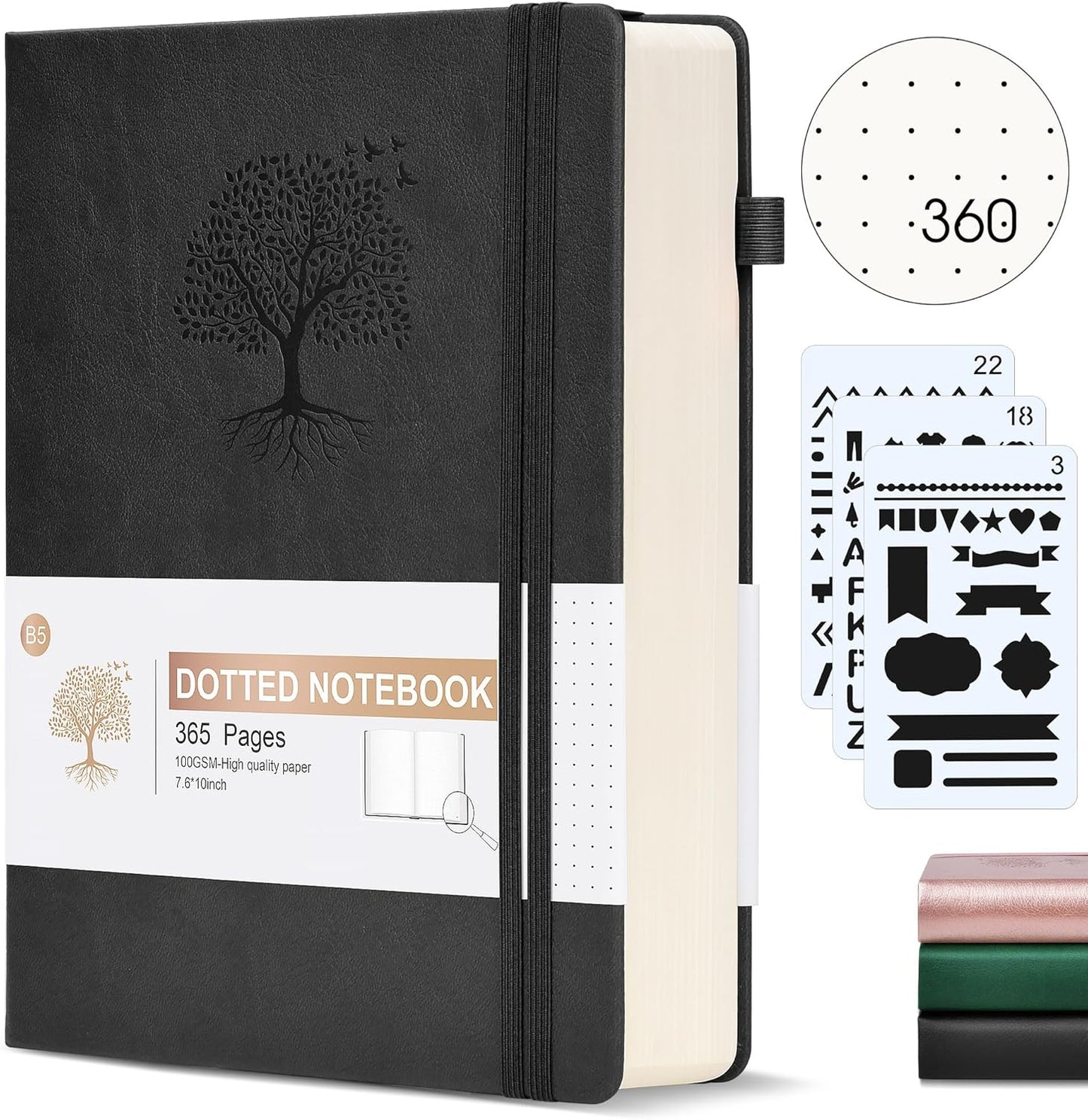 Dotted Journal Notebook, 360 Numbered Pages Bullet Dot Grid Journals, 100gsm Dot Paper Thick Hardcover Leather Journal for Writing Women Men, B5 Dotted Grid Notebooks for Work 7.6'' X 10'' Black