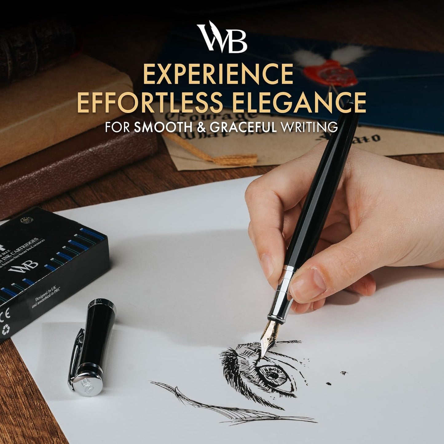 Wordsworth & Black Fountain Pen Set, 18K Gilded Extra Fine Nib, Includes 24 Pack Ink Cartridges, Ink Refill Converter & Gift Box, Chrome Finish, Calligraphy, [Black Chrome], Perfect for Men & Women