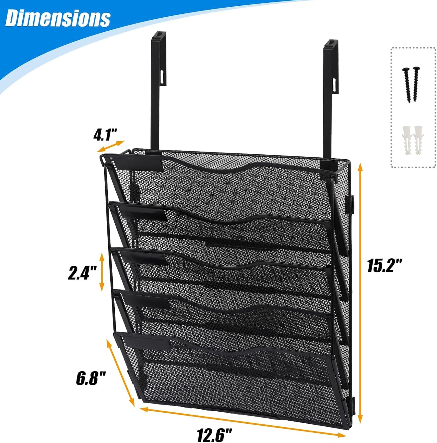 EASEPRES 5 Pocket Mesh Hanging Wall File Organizer with Hangers & Nametag Label, Wall Mounted Mail Paper Document Folder Holder, Clipboard Storage Organization Magazine Rack for Office Cubicle, Black