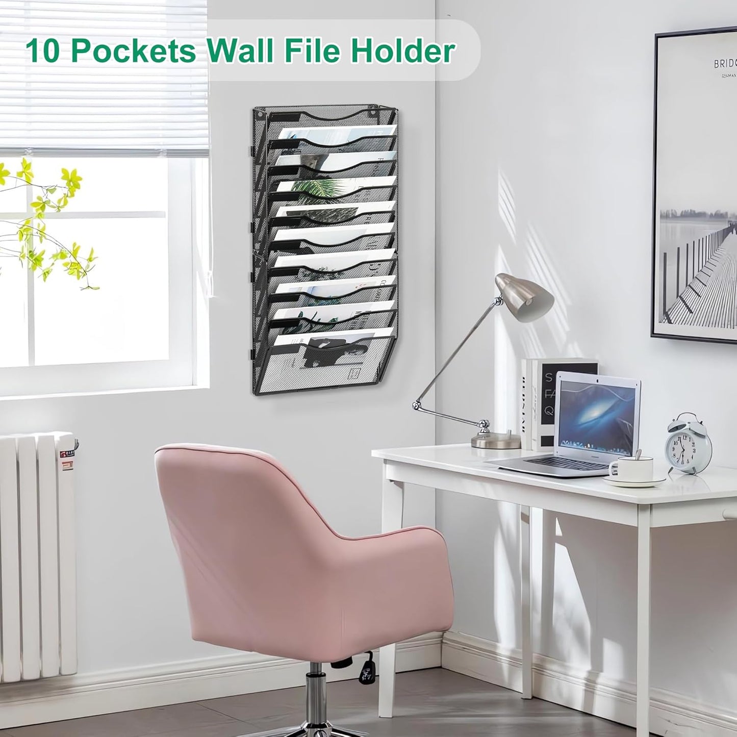 10-Pocket Wall File Organizer, Hanging Mail Organizer Wall Mounted Paper Document Holder, Metal Clipboard Storage Basket for Office Home School Organization, Black
