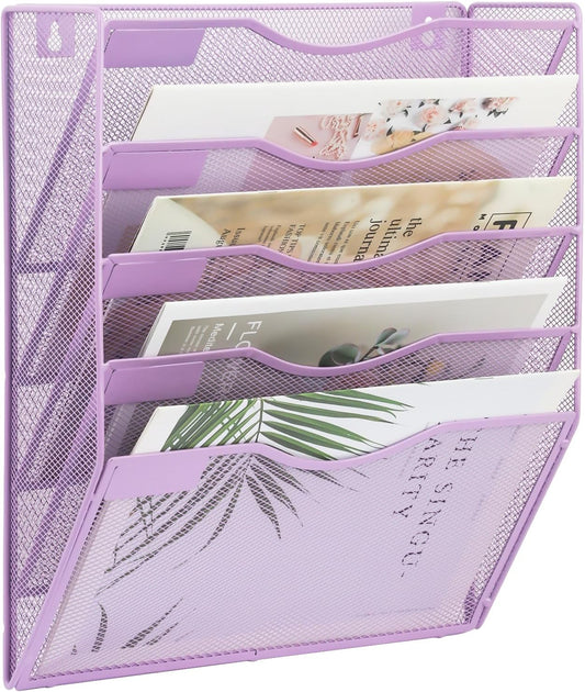 EASEPRES 5 Pocket Mesh Hanging Wall File Organizer, Wall Mounted Mail Paper Document Folder Holder, Clipboard Storage Organization Magazine Rack with Nametag Label for Office Home School, Light Purple