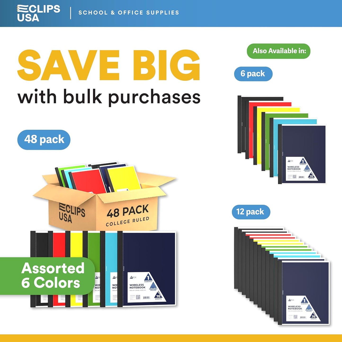 E-CLIPS USA Non Spiral Notebook, 1 Subject, College Ruled Notebook, Journal Notebook, Notebooks Bulk, School Supplies, Perforated Edges, 6 Colors, 70 Sheets (48, College Ruled)