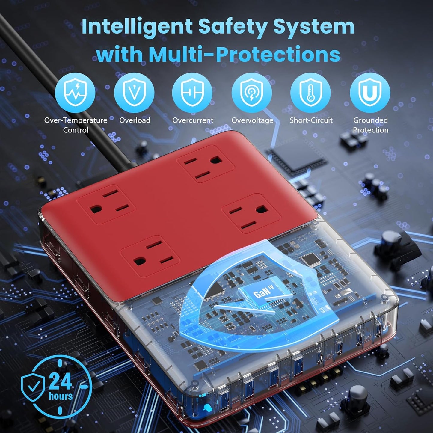 12-in-1 Charging Station USB C Power Strip with 5ft Cord,105W GaN IV USB C Charger Block,4 AC Outlets,4 USB-A,4 USB-C for MacBook,iPhone 16/15/14,Fast Charging Desktop Charger for Office (A-Red)