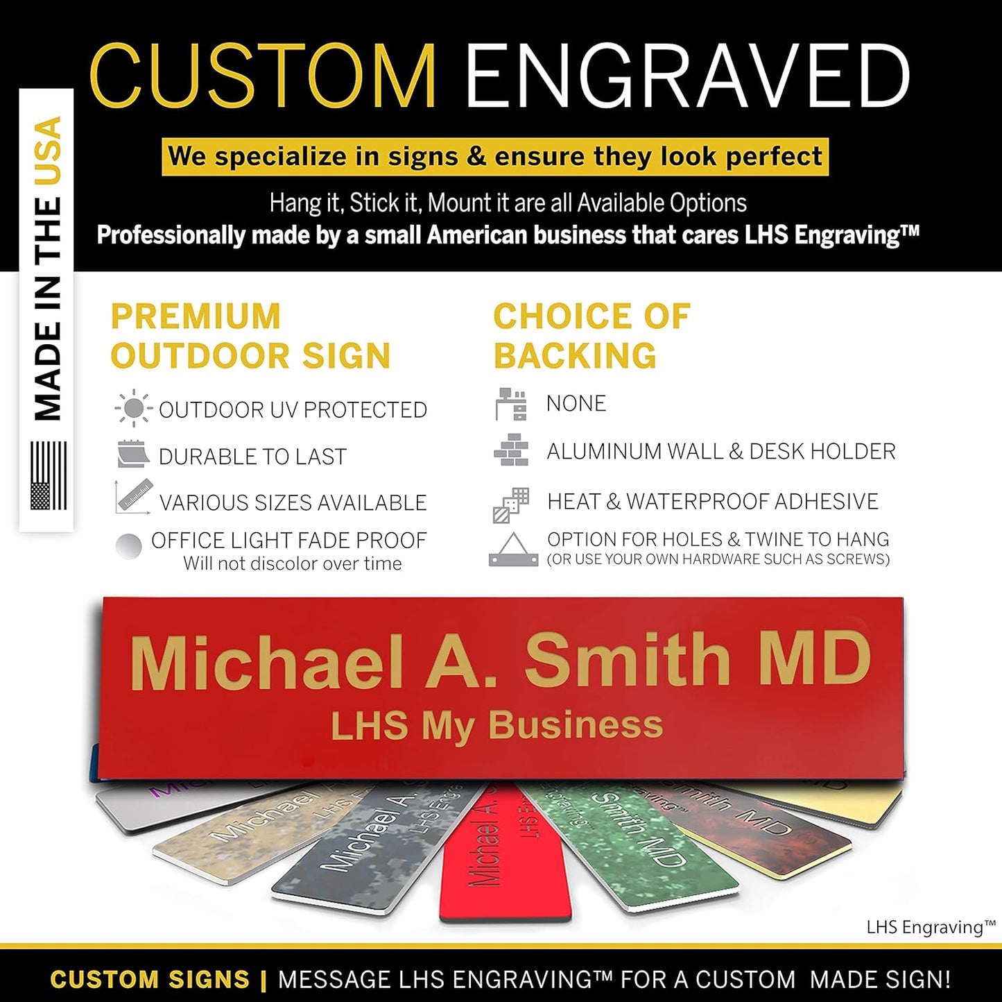 Engraved Name Plates for Door Sign Personalized Red Plastic Plaque with Gold Letters - Made in USA 2x4 B17