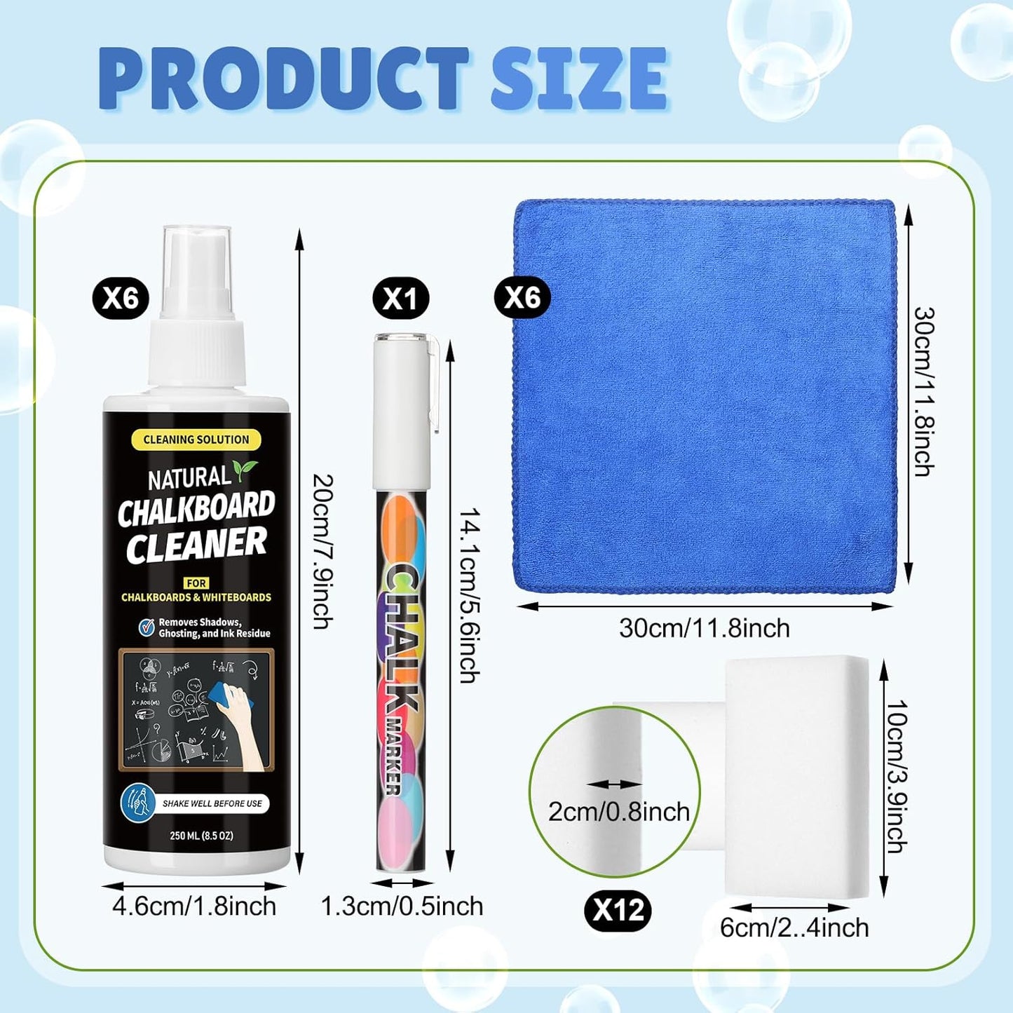 6 Sets Chalkboard Cleaner Spray and Eraser Kit 8oz Dry Erase Board Cleaner Spray Microfiber Cleaning Cloths with Sponge Erasers Liquid Chalk Markers for Whiteboard Blackboard Dry Erase Board