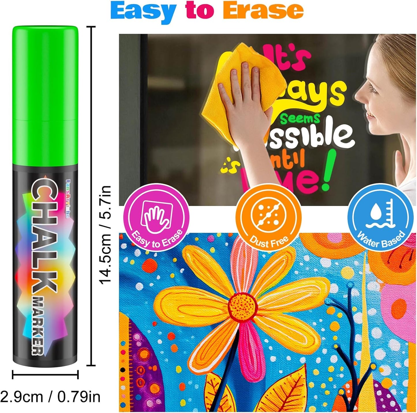 FansArriche Jumbo Chalk Markers, 15mm Window Markers for Glass Washable, 12 Colors Liquid Chalk Marker Erasable for Chalkboard, Blackboard, Car