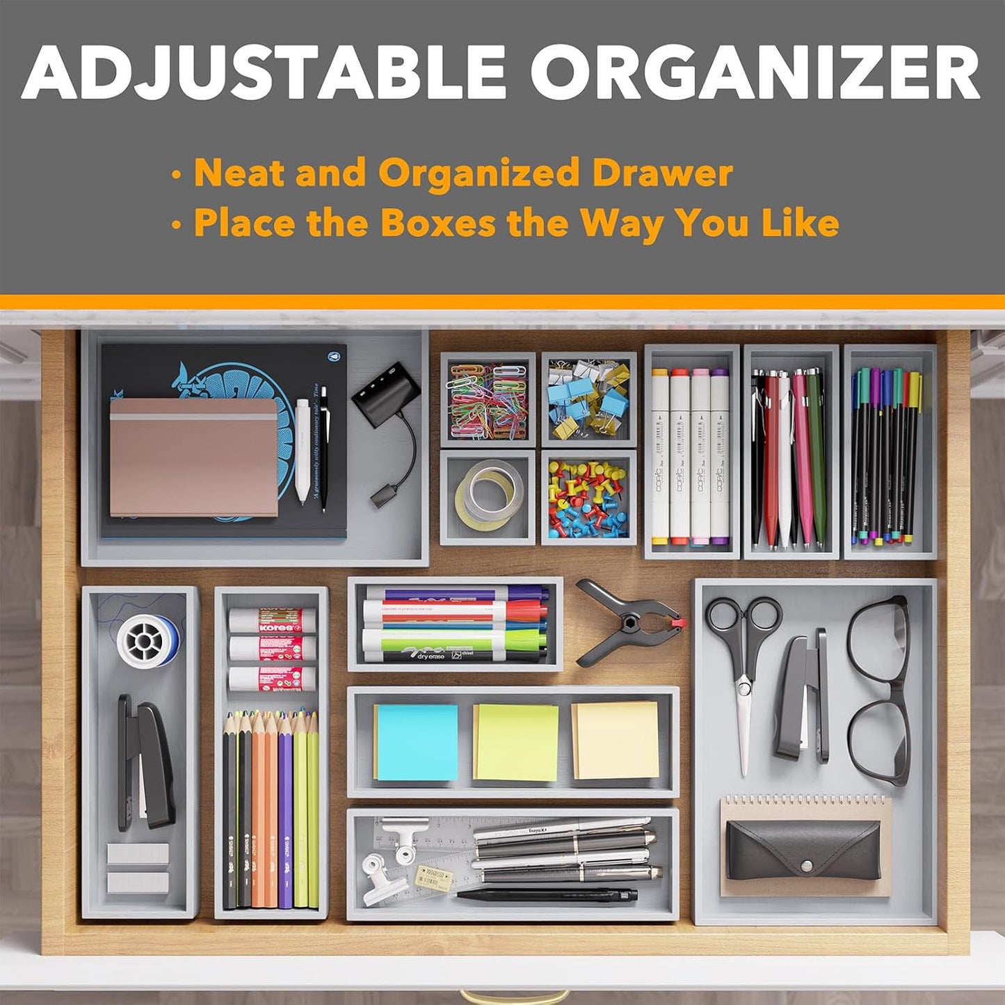 SpaceAid 14-Piece Bamboo Drawer Organizer Storage Boxes Set, Wood Tray Junk Drawer Organizers Multi-Use Divider Bins for Kitchen, Bathroom, Office Desk and Makeup Organization (14 Pack, Gray)