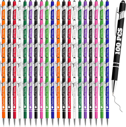 Personalized Pens Bulk 100 with Name Custom Engraving Ballpoint Pens with Stylus Tip Customized Smooth Writing Pens Personalized Gifts for Anniversary Birthday or Graduation(Assorted,Black Ink)