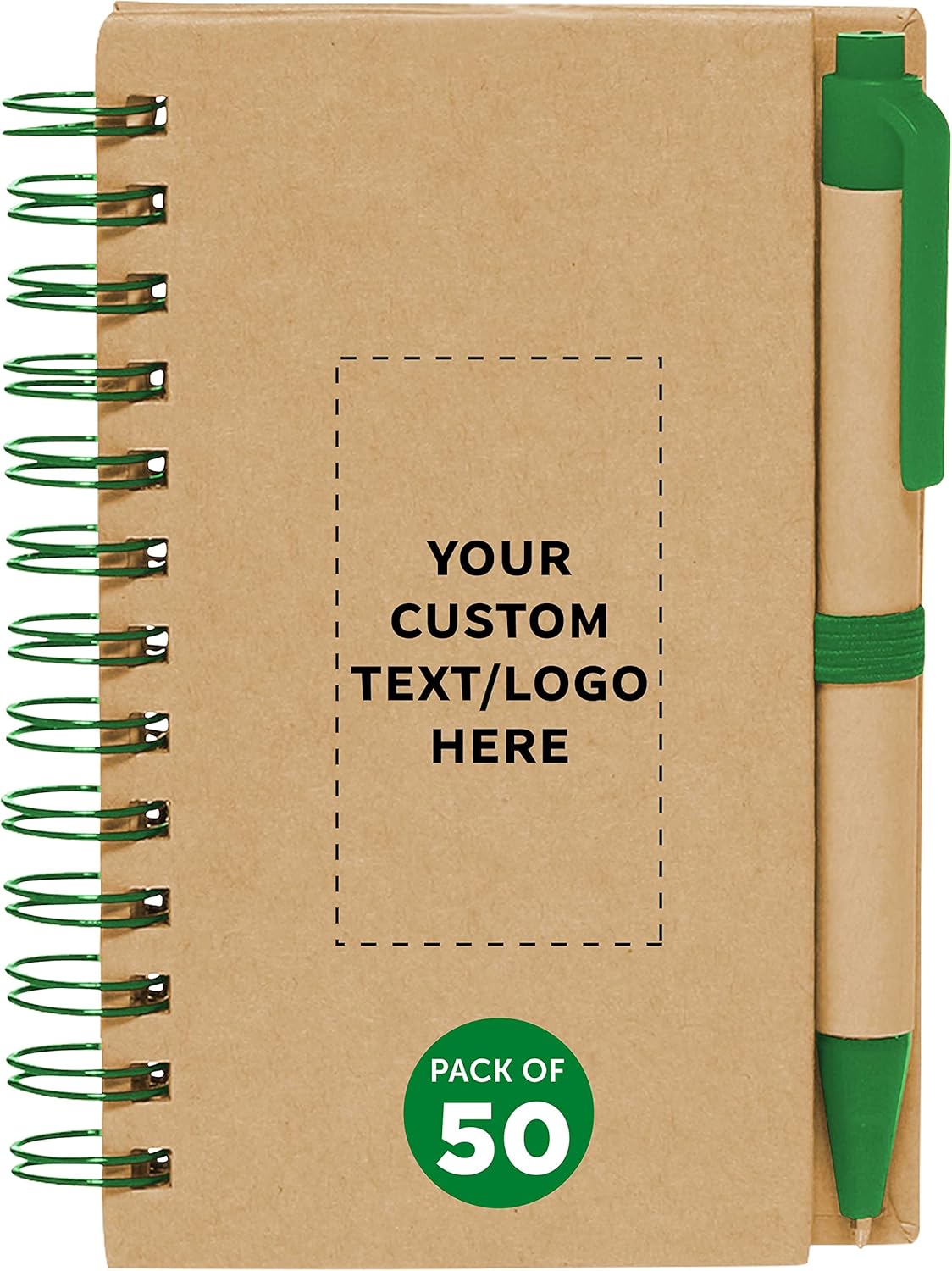 Custom Mini Spiral Notebooks with Black Ink Pens Set of 50, Personalized Bulk Pack - Perfect for School, Office, Business, Home - Green
