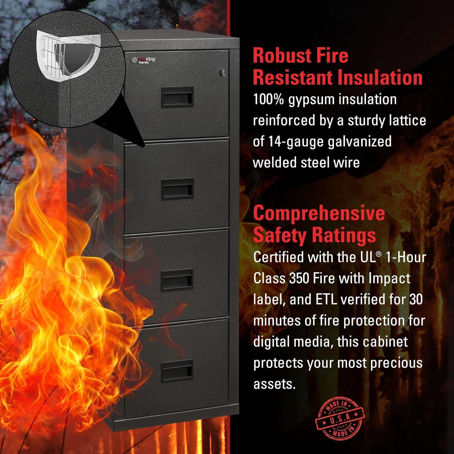 FireKing Turtle Vertical 4 Drawer Legal and Letter Fire Safe File Cabinet with Key Lock, 1 Hour Fire Rated, UL Rated & Water Resistant Home Safe, Filing Cabinet, Made in The USA, Black