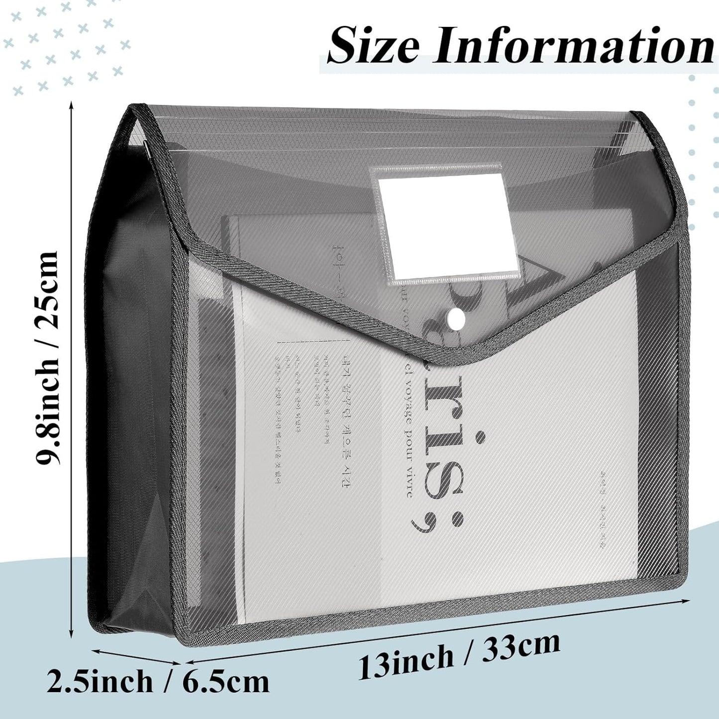 10 Pieces Plastic File Folders Envelope Expanding File Wallet Organizer Documents Folder with Snap Closure and Pocket, A4 Size Waterproof Transparent Pouch(Grey,Horizontal)