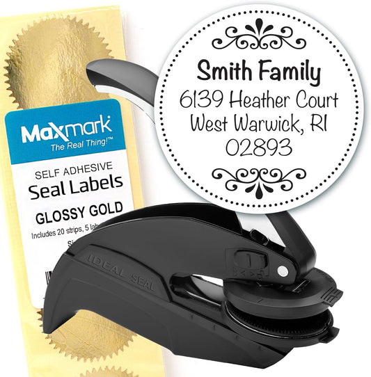 Custom Monogram Address Embosser - Personalized Round Seal with 50 Gold Seal Labels - Style EM027