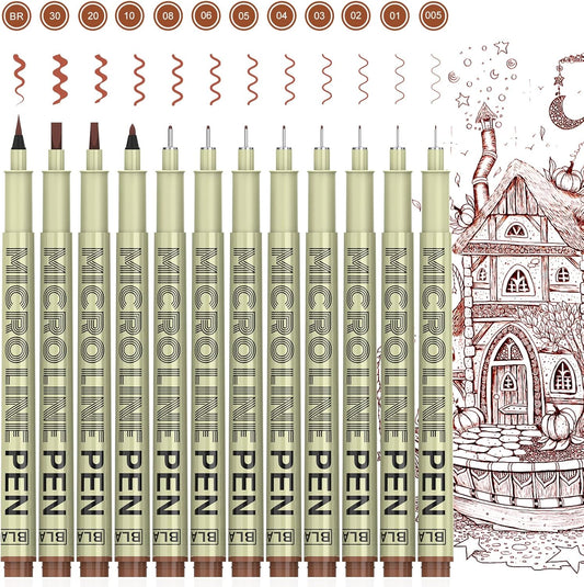 KERIFI Sepia Micro Pen Set, 12 Assorted Sizes Fineliner Ink Art Drawing Pens, Water-Resistant Archival Ink Multiliner Pens for Illustration Technical Sketching Manga Scrapbooking Journaling Zentangle
