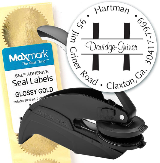 Custom Monogram Address Embosser - Personalized Round Seal with 50 Gold Seal Labels - Style EM026