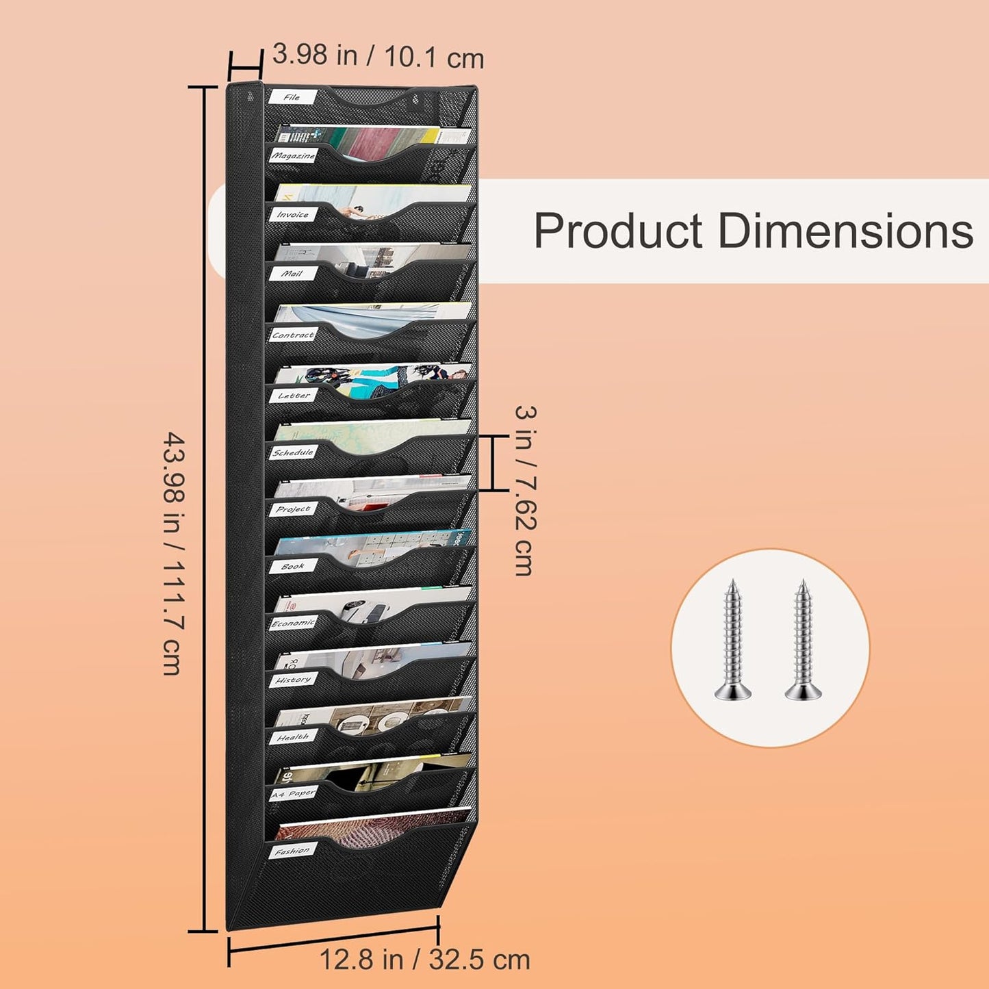 14 Tier Hanging Wall File Holder, Metal A4 Wall Mounted Document Holder, Vertical Hanging Mail Organizer, Magazine Storage Rack with Tray for Office Home Classroom, Black