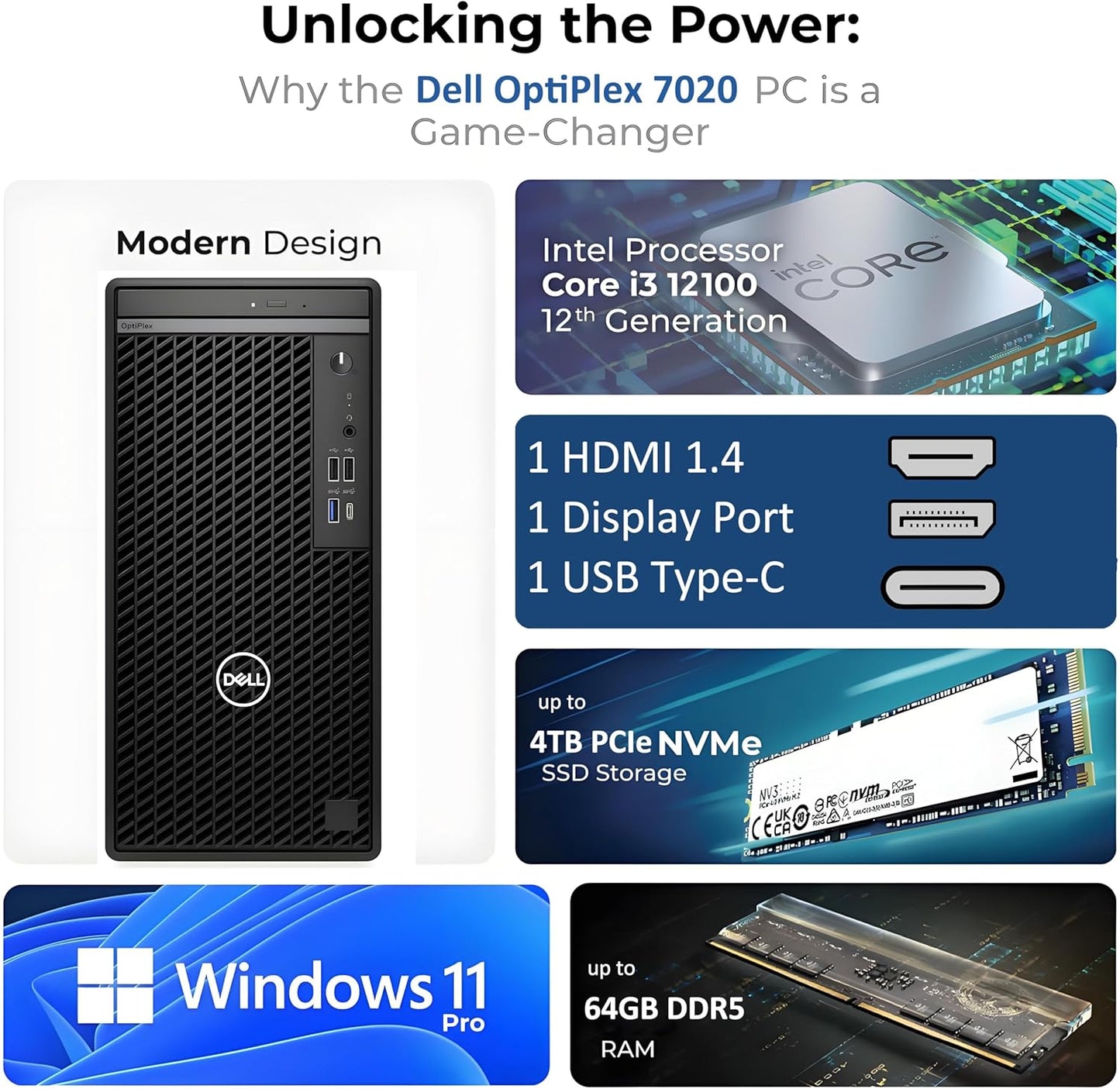 Dell Optiplex Desktop Computer, 7020 Tower Dekstop Pc, 12th Gen Intel 4-Core Processor (Beats Core i7-9700), 64gb Ddr5 Ram, 2tb Pcie Ssd, Dvdrw, WiFi Adapter, Rj-45, Keyboard & Mouse, Windows 11 Pro