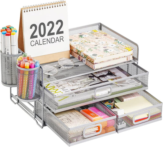 Marbrasse 3 Tier Mesh Desk Organizer with Drawer, Multi-Functional Desk Organizers and Accessories, Paper Letter Organizer with 2 Pen Holder for Home Office Supplies (Silver)