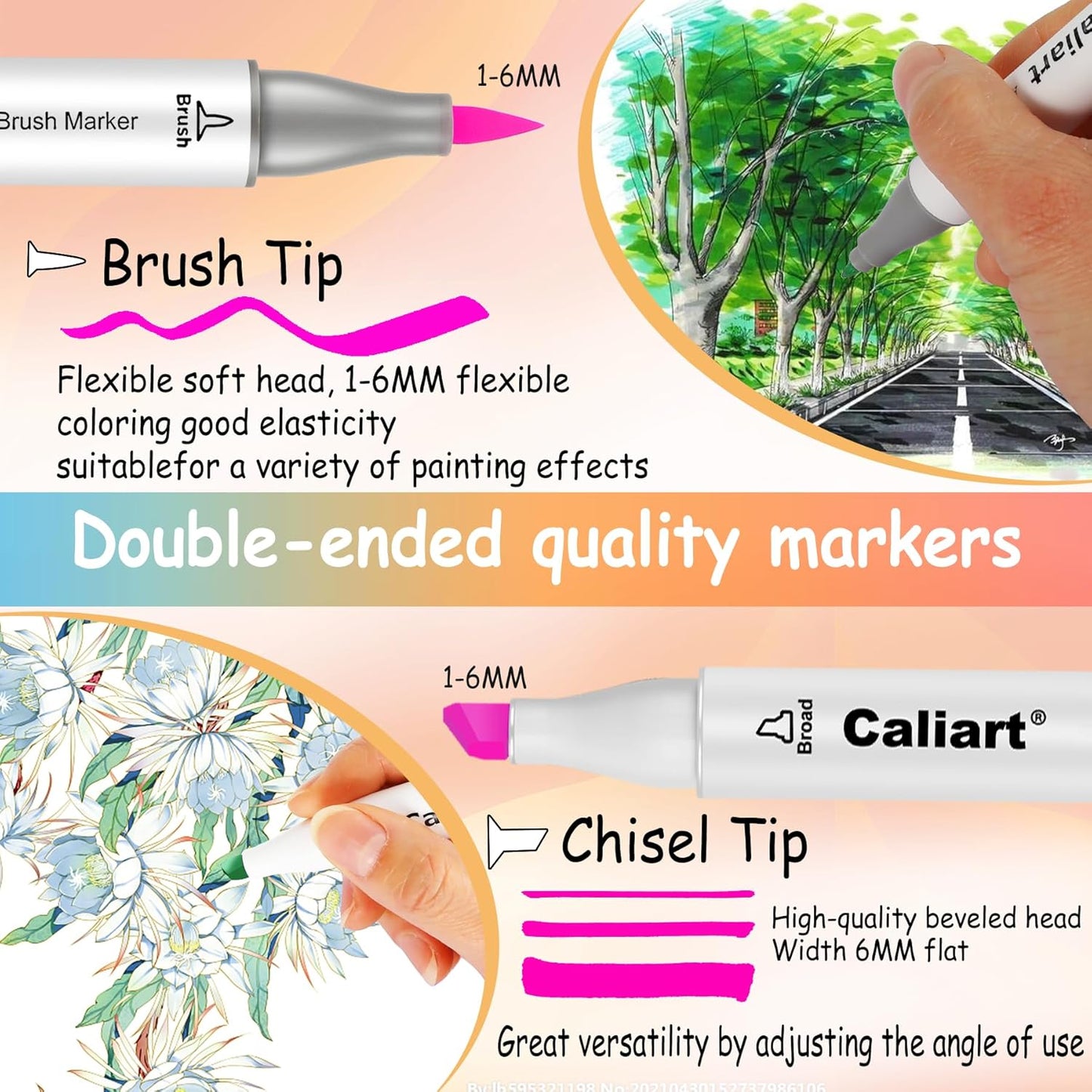 Caliart 101 Colors Brush & Chisel Alcohol Markers for Adult Coloring Book, Dual Tip Artist Sketch Art Markers, Aesthetic Cute Preppy Stuff School Supplies, Pens for Lettering Drawing Cards Planner