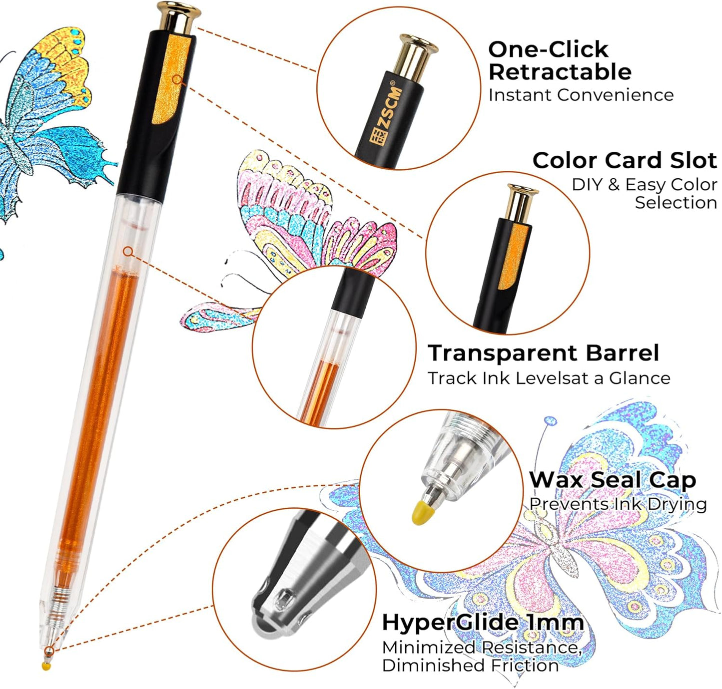 Retractable Super Glitter Gel Pens, 24 Colors Large Capacity Metallic Sparkle Gel Ink Pens, 1 mm Fine Point Smooth Writing Color Pen for Adult Coloring Book Note Taking Aesthetic Art Supplies