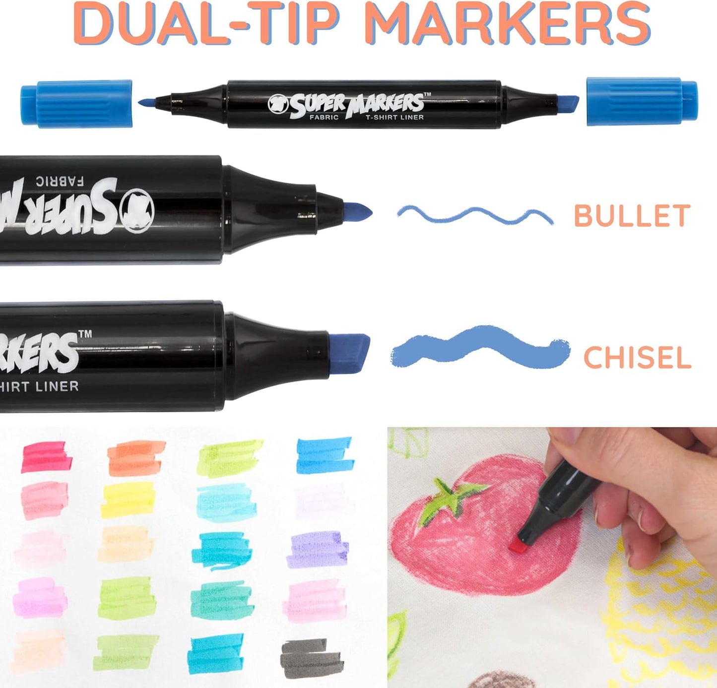 Super Markers 20 Unique Pastel Colors Dual Tip Fabric & T-Shirt Marker Set - Double-Ended Fabric Markers with Chisel Point and Fine Point Tips - 20 Permanent Ink Vibrant and Bold Colors