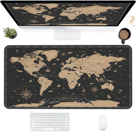Desk Mat,Vintage World Map Extended Gaming Mouse Pad for Office Work & Game,Computer Keyboard Mouse Mat Desk Non-Slip Rubber Base Large Mousepad with Stitched Edges, 31.5x15.7inch