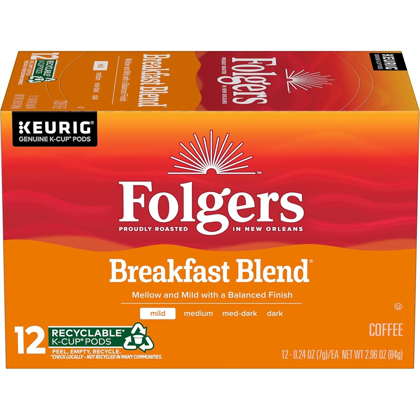 Folgers Breakfast Blend Mild Roast Coffee, 72 Keurig K-Cup Pods