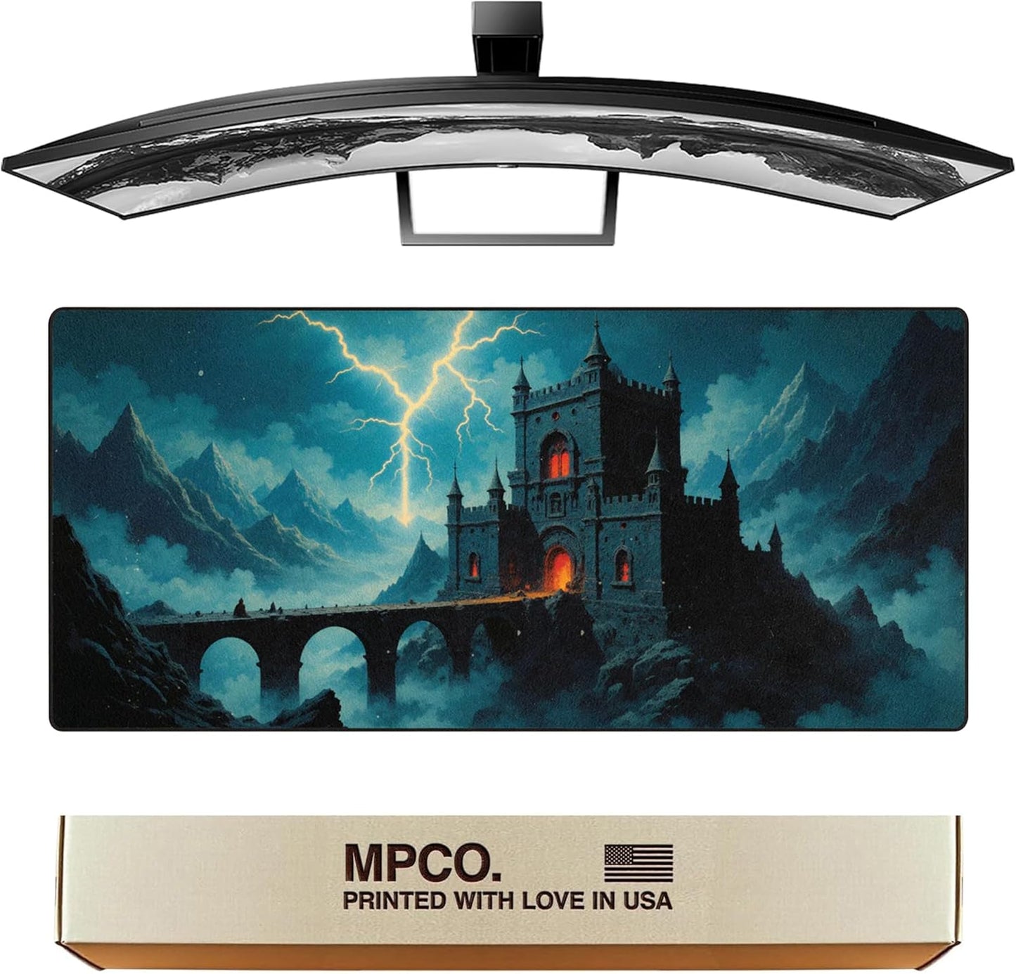 MPCO. Dark Fantasy Large Gaming Desk Pad - 36" x 17" Duraglyde Fabric Thunder’s Wrath Keep Desk Mats - Non-slip, Washable, Smooth Glide for Precision Gaming & Work