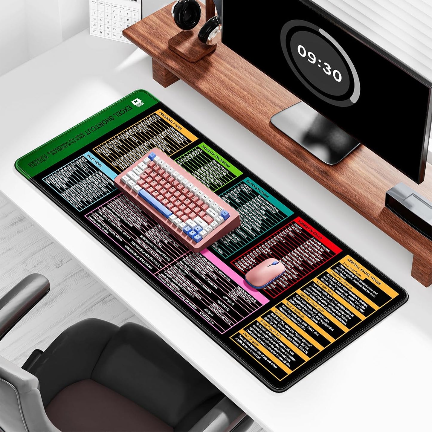 Auhoahsil Large Mouse Pad, XXL Gaming Mousepad, Desk Mat for Desktop, Thick Rubber, Big & Long Size, Stitched Edges, Full Desk Pad for Laptop & Computer, Extended 35.4 x 15.7 in, 01-Excel Shortcut