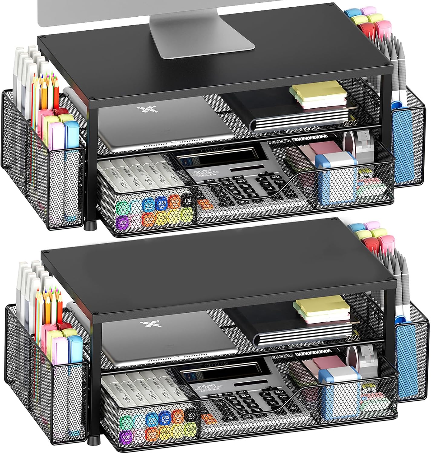 Desk Organizer and Accessories, 2-Tier Computer Monitor Stand Riser with Drawer and 2 Pen Holders, Laptop Stand, Office Desk Accessories for Office Supplies, Black 2-Pack