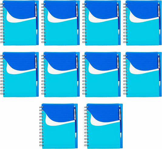 DISCOUNT PROMOS Spiral Notebooks with Front Pocket Set of 10, Bulk Pack - Durable Plastic Cover, Includes Matching Pen in Blank Ink, Perfect for School, Office, Home - Blue