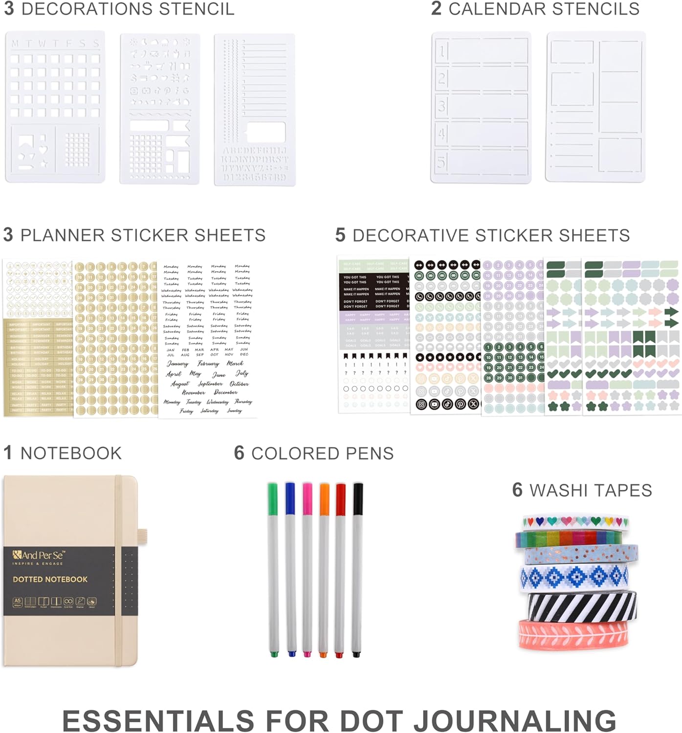 &And Per Se Dotted Journal Notebook Set, A5 Hardcover Dotted Journal (Light Apricot), 6 Fineliner Pens, 8 Sticker, 5 Stencil Sheets & 6 Washi Tapes, Journaling Supplies for Planner Schedule