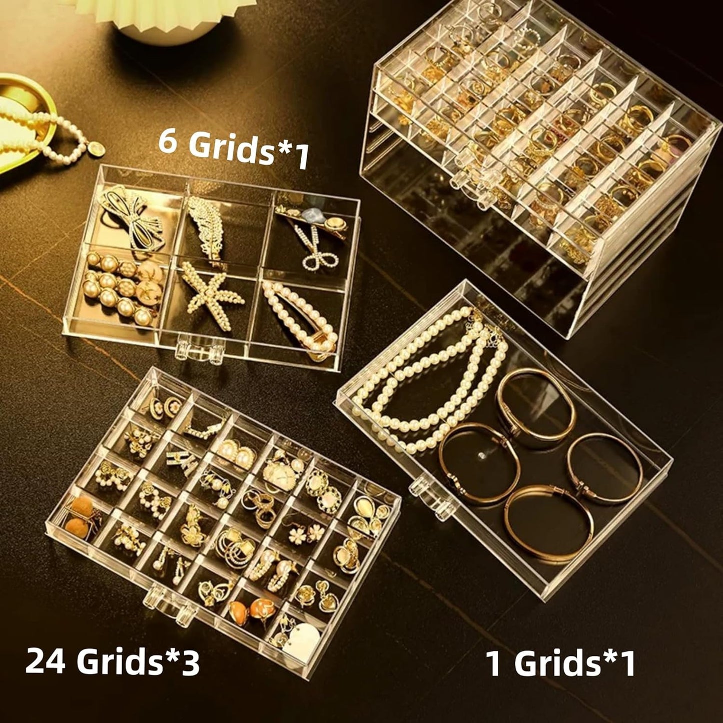 Feadily Acrylic Jewelry Organizer Box, Jewelry Drawer Organizer With 5 Drawers 79 Grids, Clear