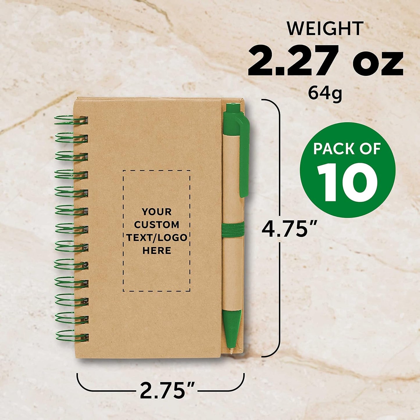 Custom Mini Spiral Notebooks with Black Ink Pens Set of 10, Personalized Bulk Pack - Perfect for School, Office, Business, Home - Green