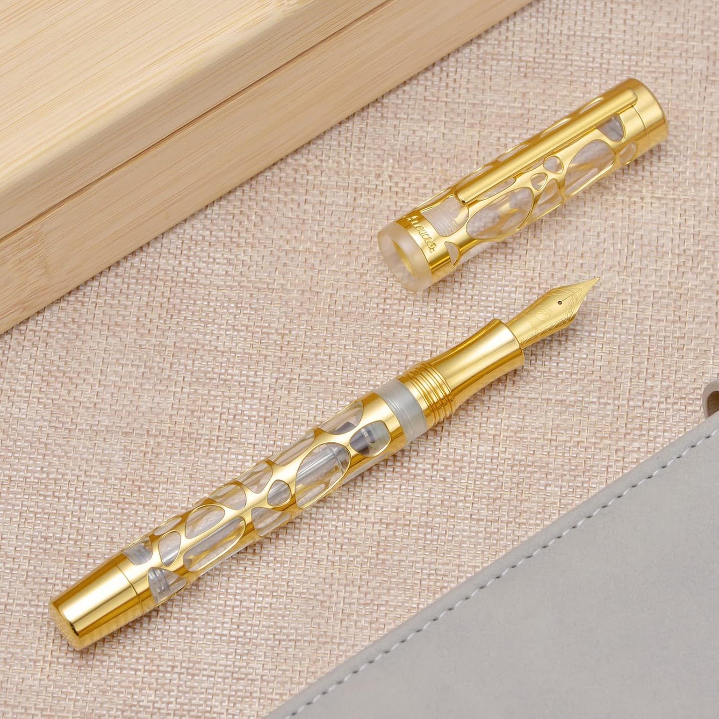 Asvine V169 Vacuum Filling Fountain Pen Extra Fine Nib, Water Drop Skeleton Overlay Gold Trim Transparent Clear Acrylic Pen Case Set