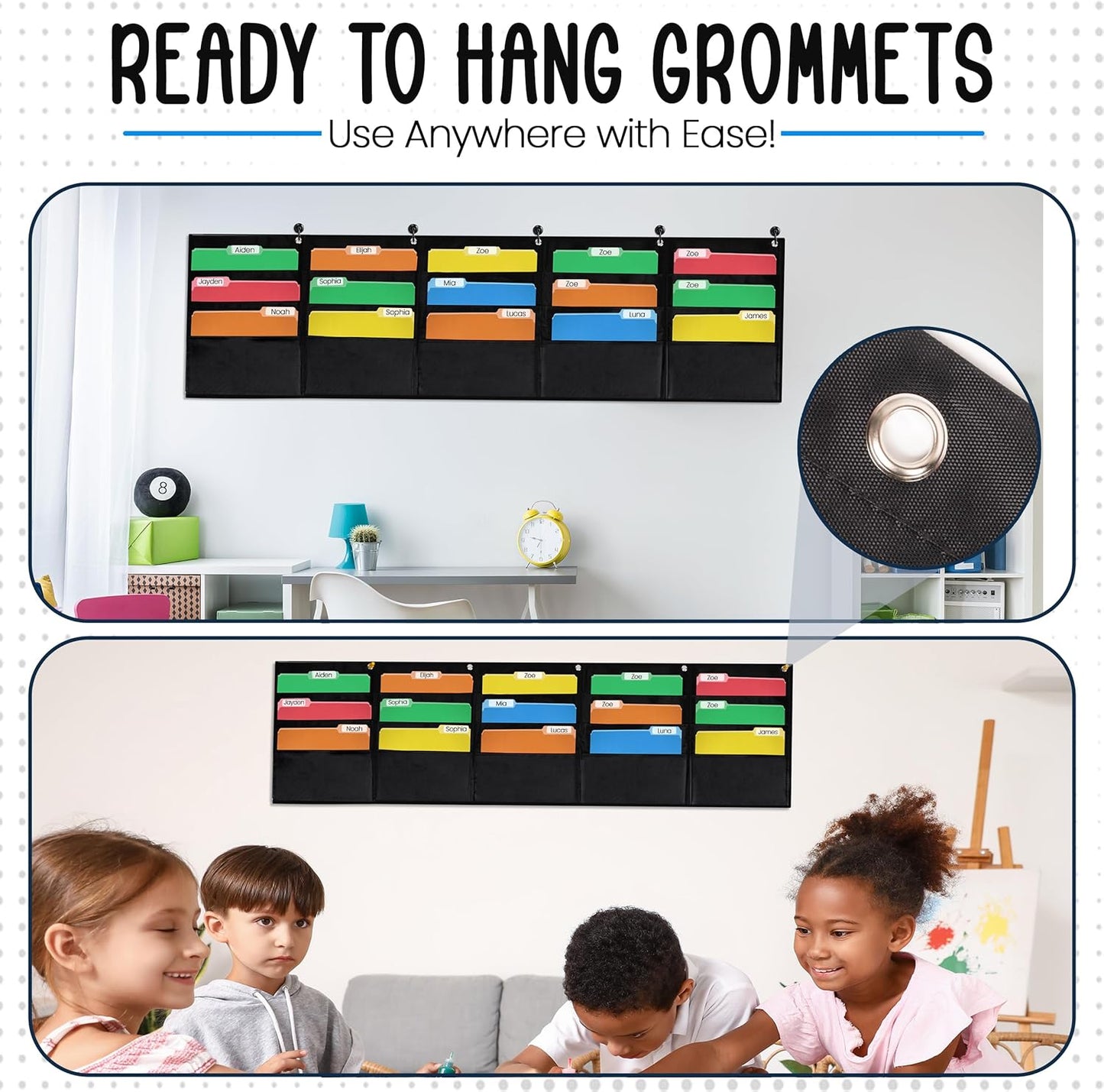 Essex Wares - 15 Pocket Horizontal File Hanging Paper Organizer for Letter Documents, Black, 68.4" Wide x 18.6" - Hanging Pocket File Organizer - Black Pocket Chart for Classroom & Office - 15 Pockets