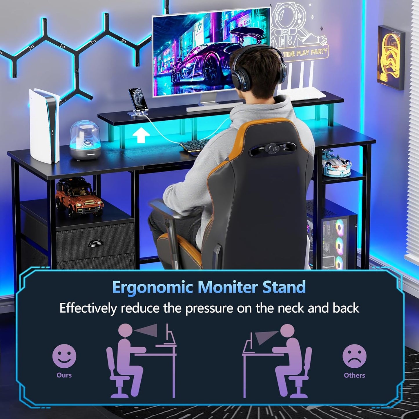 Furologee 61" Gaming Desk with Power Outlets & LED Lights, Reversible Computer Desk with File Cabinet & Monitor Stand for Home Office, Large Work Table with Storage Shelves & Drawer, Black