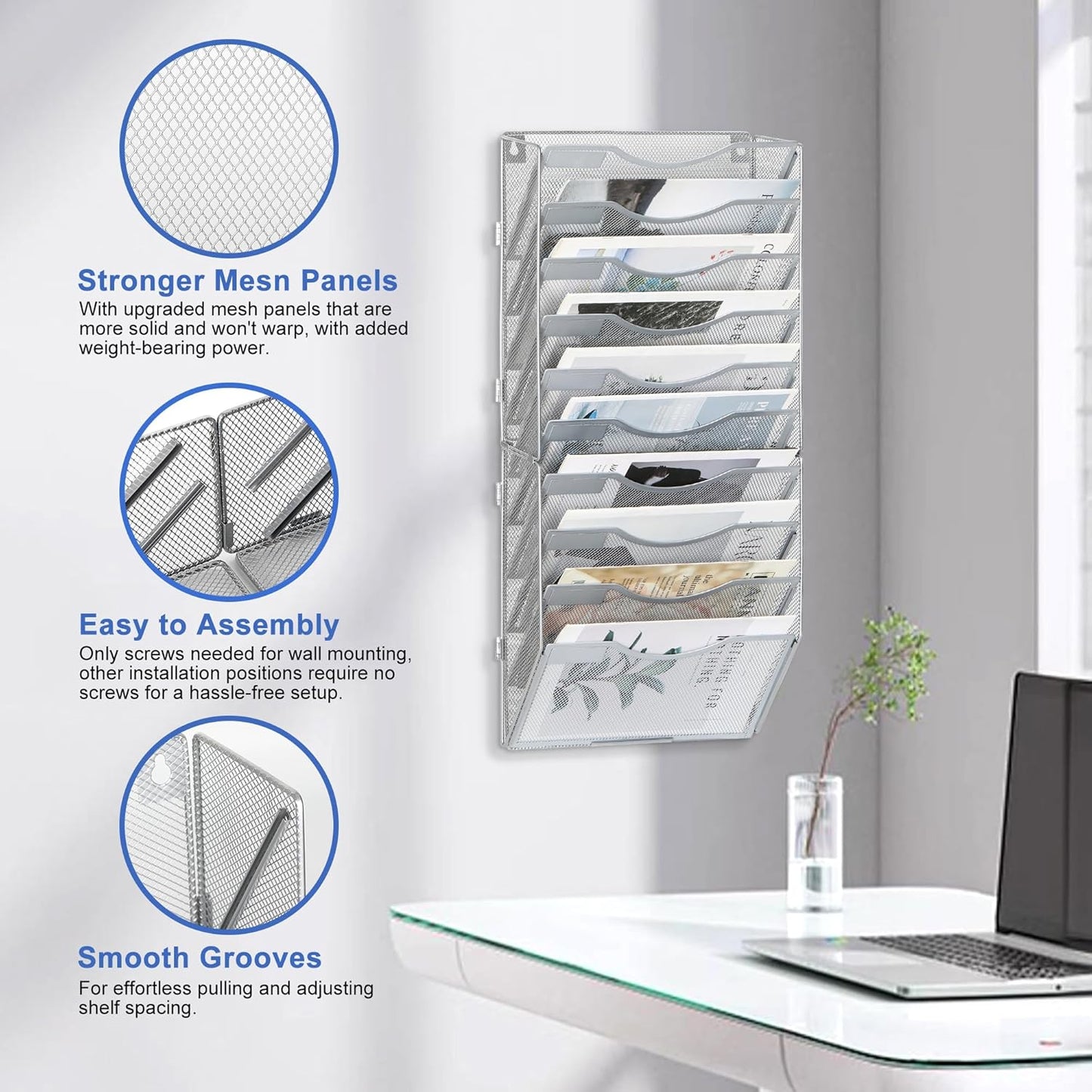 EasyPAG Wall File Holder Organizer 10 Pocket Mesh Hanging Wall Mounted Document Paper Folder Filing Magazine Rack with Nametag Label for Office Home School, Sliver