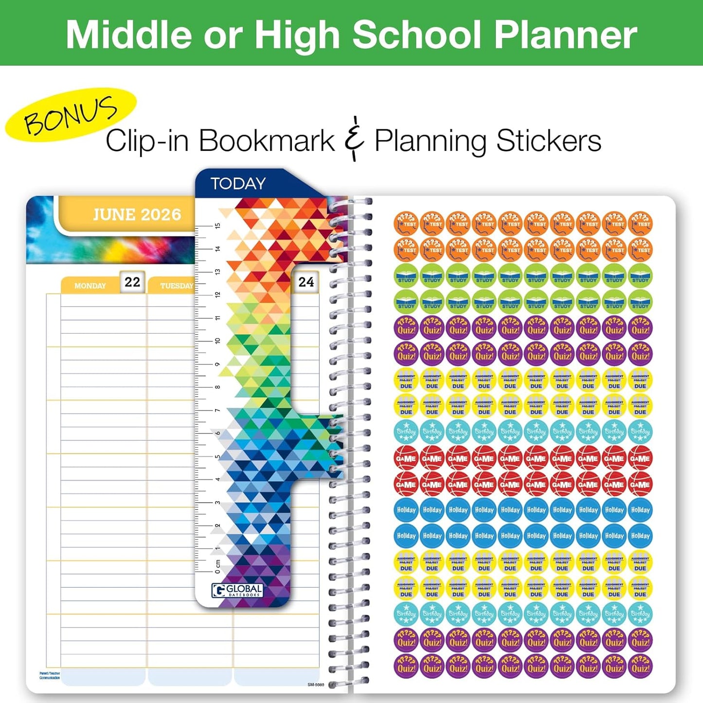 Global Datebooks Dated Middle School or High School Student Planner for Academic Year 2025-2026 Includes Ruler/Bookmark and Planning Stickers (Matrix Style - 5.5"x8.5" - Triple Stripe)