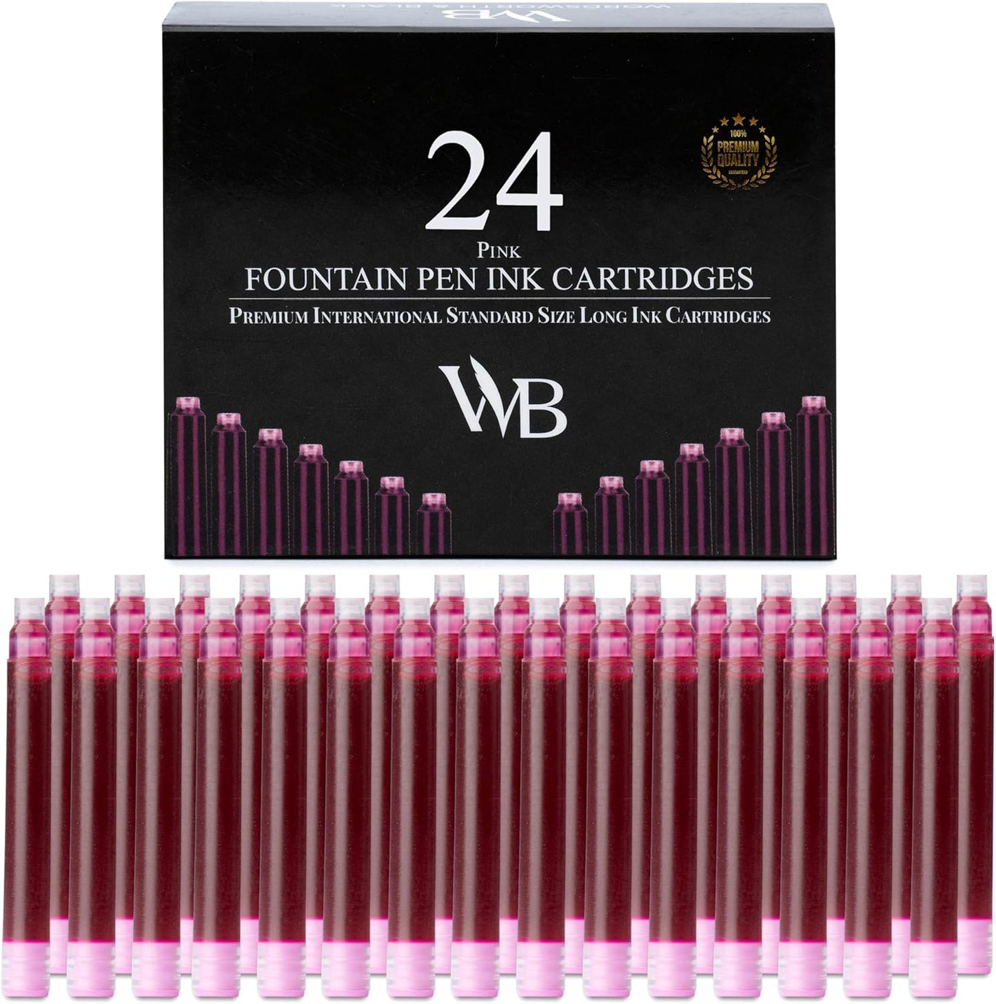 Wordsworth & Black 24 Pack Fountain Pen Ink Refills - Set of 24 Pink Ink Cartridges - International Standard Size - Length APPR 1.5" - Base Diameter APPR 0.24" - Disposable and Generic