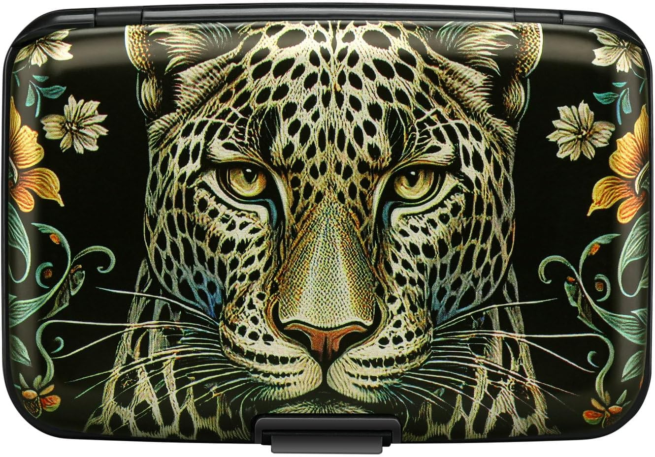 ELFISH Mini RFID Aluminum Wallet Credit Cards Holder Business Card Case Metal ID Case for Men Women(Black Leopard)