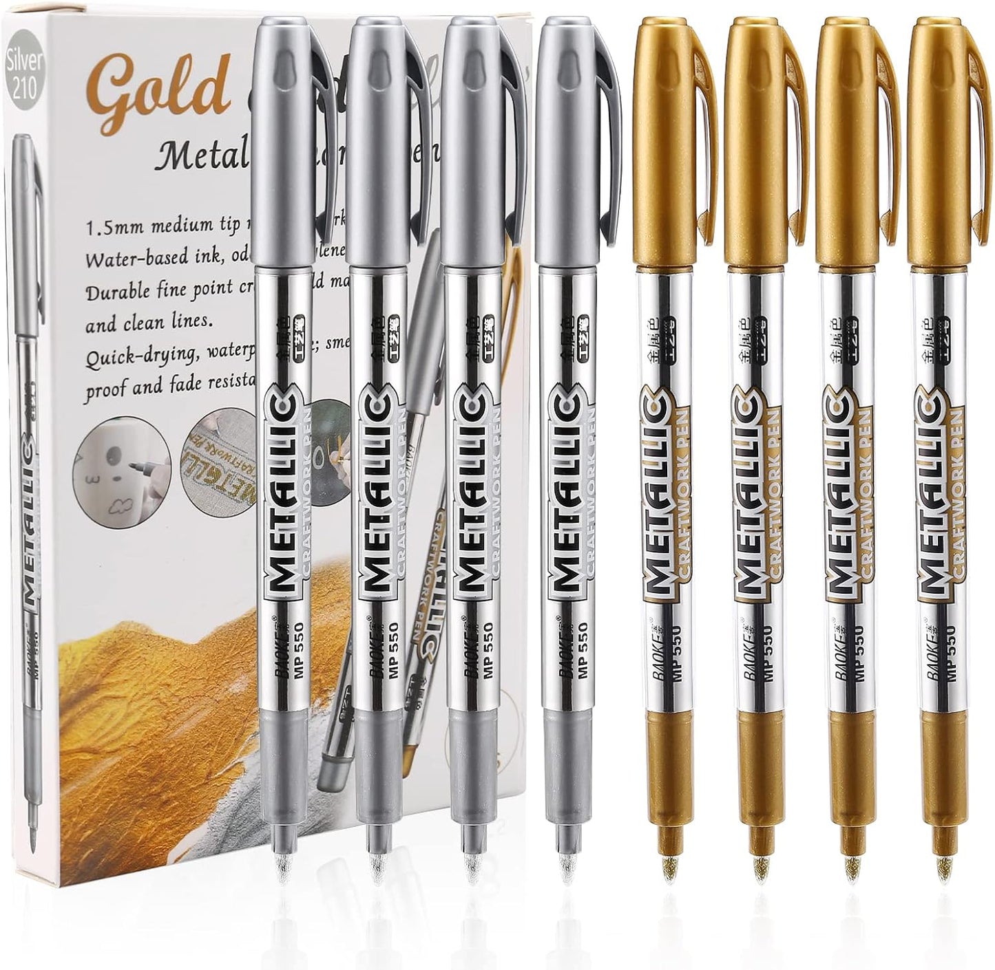 LOONENG Gold and Silver Marker Metallic, Fine Point Gold and Silver Markers Permanent Metallic for Artist Illustration, Crafts, Gift Card Making, Scrapbooking, Fabric, DIY Photo Album, 8 Count