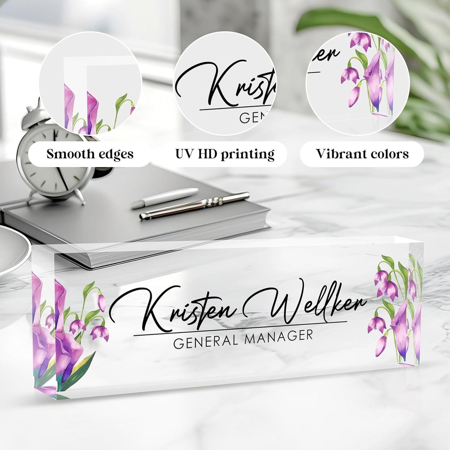 Custom Office Name Plate for Desk, Desk Name Plate Personalized, Personalized Gifts for Women, Appreciation Gifts for Employee Coworkers Boss Teacher, Office Accessories (Purple flower)