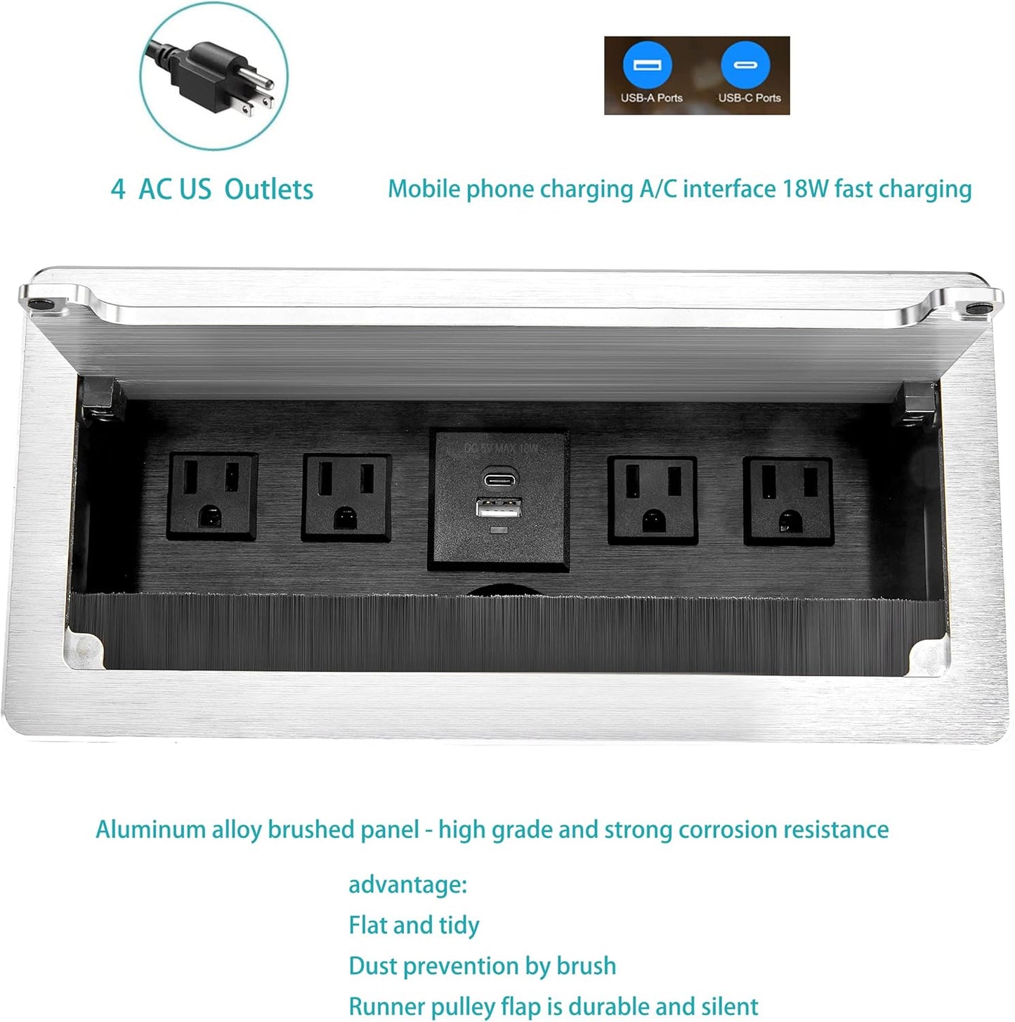 Embedded mesa Power Outlet Box, Table Power Multimedia Connectivity Box for Conference Study Room Home with 4 AC Outlet,USB-C Port Fast Charge 18W Length 4.9FT Power Cable (Brushed Silver)