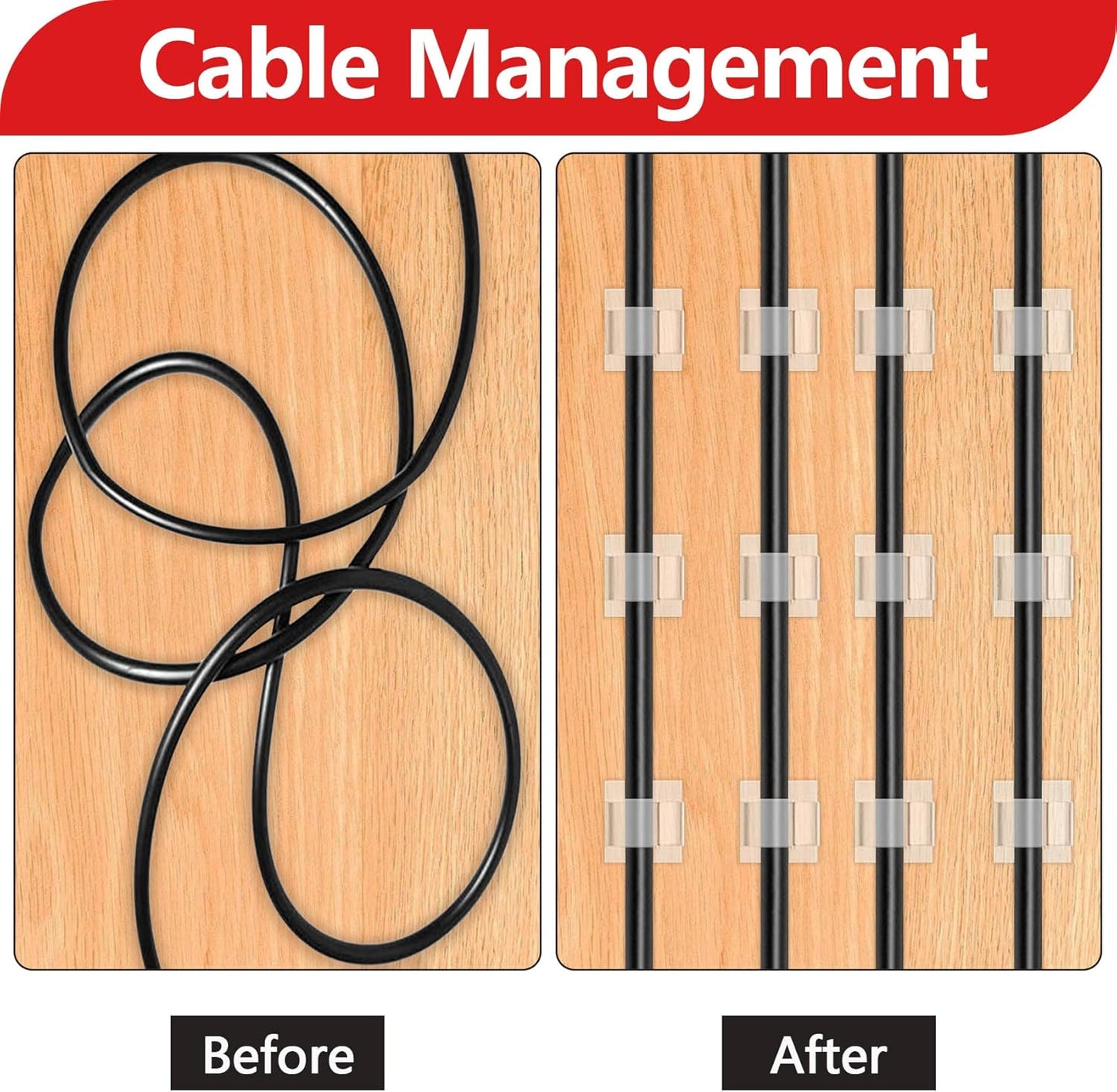 100PCS Cable Clips, Adhesive Wire Clips Organizer Cord Clips Management, Cable Staples Outdoor Strong for Wall, Desk, Christmas Lights, String Lights, Fairy Lights, Clear Glossy, Small
