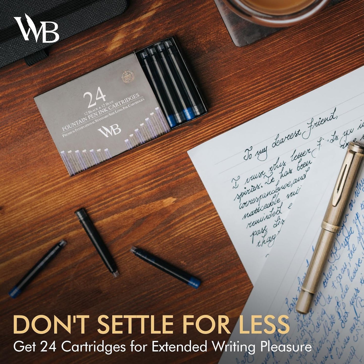 Wordsworth & Black 24 Pack Fountain Pen Ink Refills - Set of 12 Black - 12 Blue Ink Cartridges - International Standard Size - Length APPR 2.3" - Base Diameter APPR 0.24" - Disposable and Generic