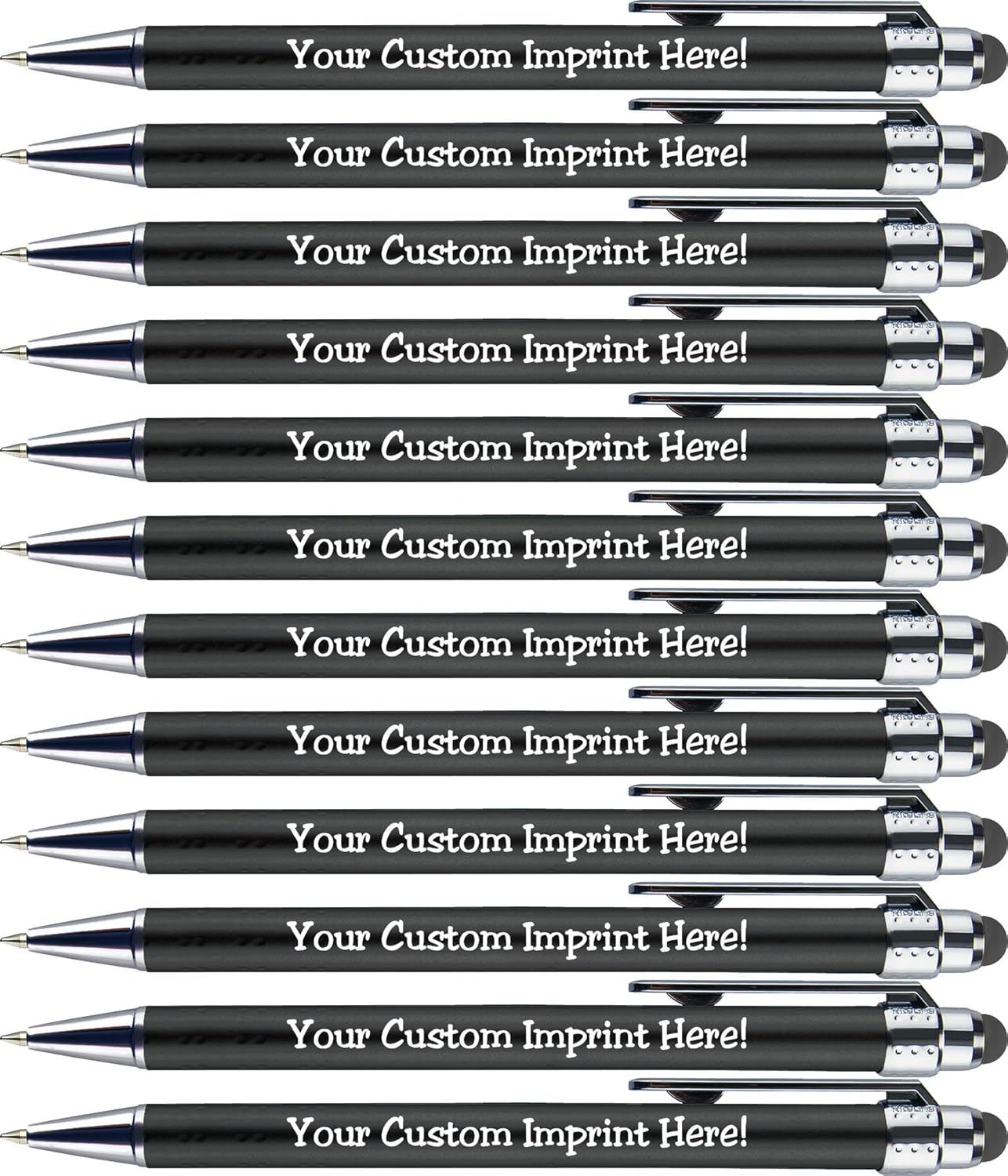 Personalized Pens with Stylus Tip -Bright Vibes- Click action - Custom - Black writing - Printed Name pens - Imprinted with Your Logo or Message - FREE PERSONALIZATION - 12 Pens/Box (Black)