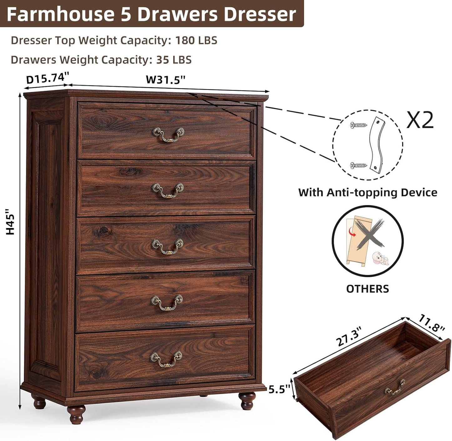 Farmhouse 5 Drawer Dresser Set of 2 for Bedroom, 45" Tall Rustic Chests of Drawers w/ 4 Solid Wood Feet, Mid Century Vintage Wooden Closet Storage Dressers Organizer for Living Room, Brown