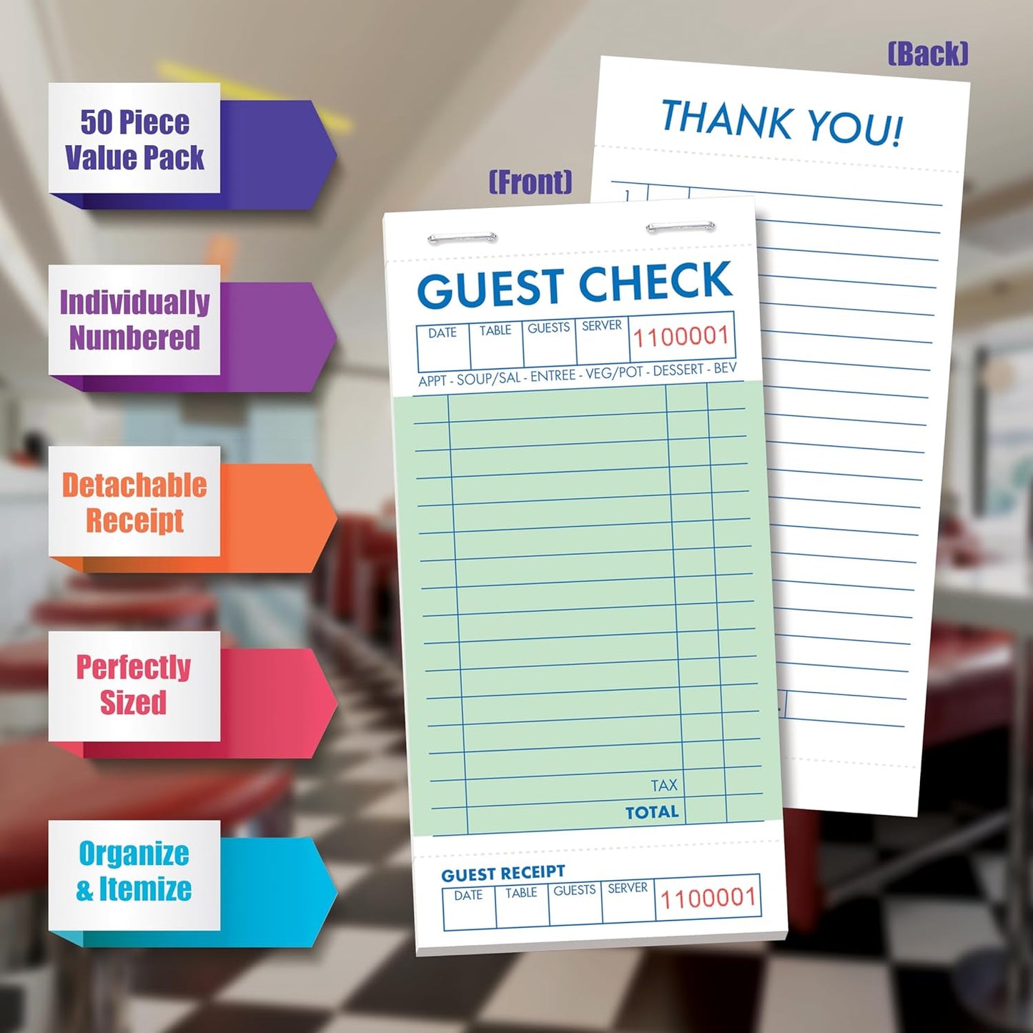 Guest Check Pads, Waitress Notepad for Restaurants, Server Pads, 50 Double-Sided Perforated Sheets, 2500 Total Sheets, 6.8" x 3.4", by Better Office Products (50 Pack)