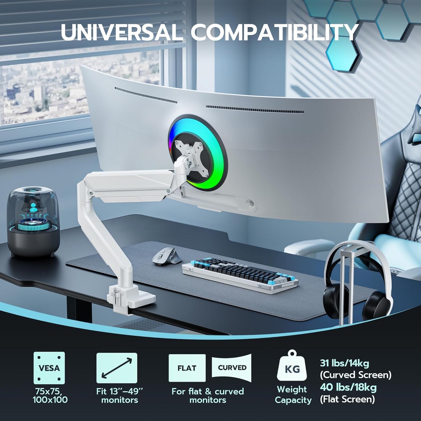 ARES WING Ultrawide Monitor Arm, Heavy Duty Single Monitor Mount for 13"-49" Curved Screens, Adjustable Stand for Desk with C-clamp & Grommet Base up to 40 LBS, White